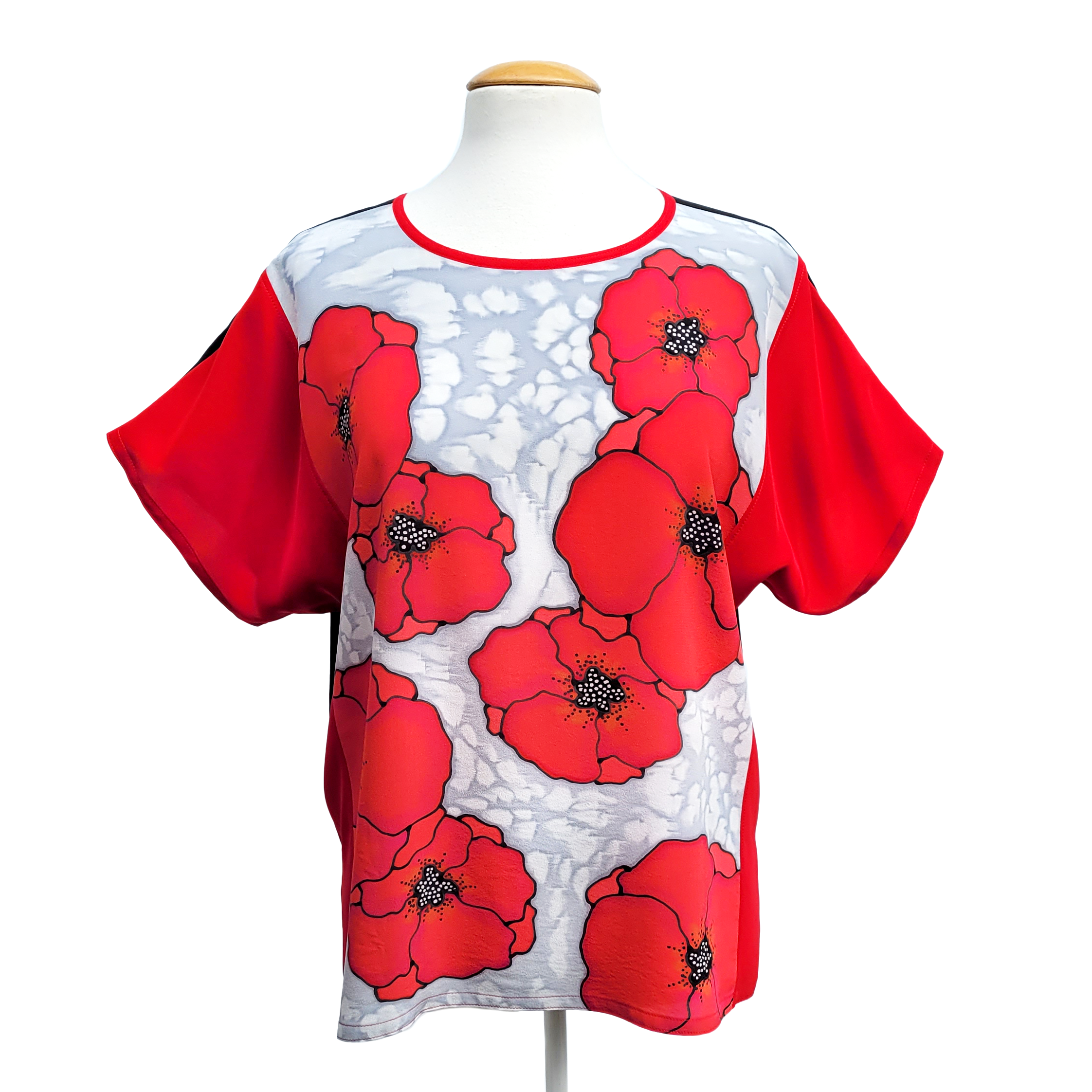 painted silk red poppy art top ladies top handmade by Lynne Kiel