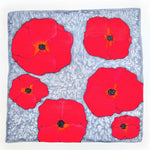 Load image into Gallery viewer, painted silk square scarf floral design red poppies hand painted red and silver color handmade by Lynne Kiel made in Canada
