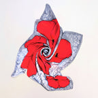 Red poppies floral art design pure silk square scarf hand painted in red and silver colors handmade by Lynne Kiel made in canada