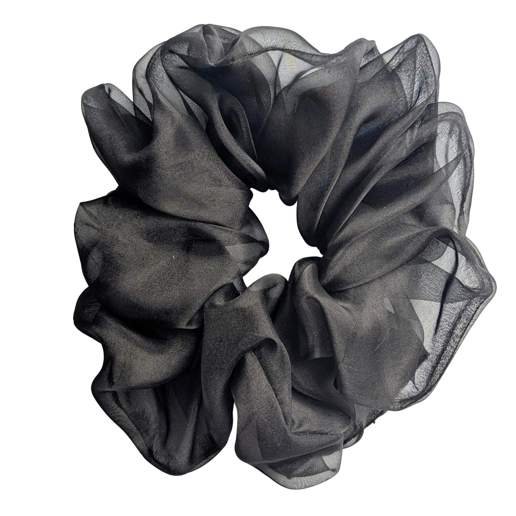 A pure silk oversized jumbo  black sheer hair scrunchie with a ruffled texture, 