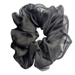 Load image into Gallery viewer, A pure silk oversized jumbo  black sheer hair scrunchie with a ruffled texture, 

