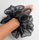 Load image into Gallery viewer, A pure silk oversized jumbo large black sheer organza hair scrunchie
