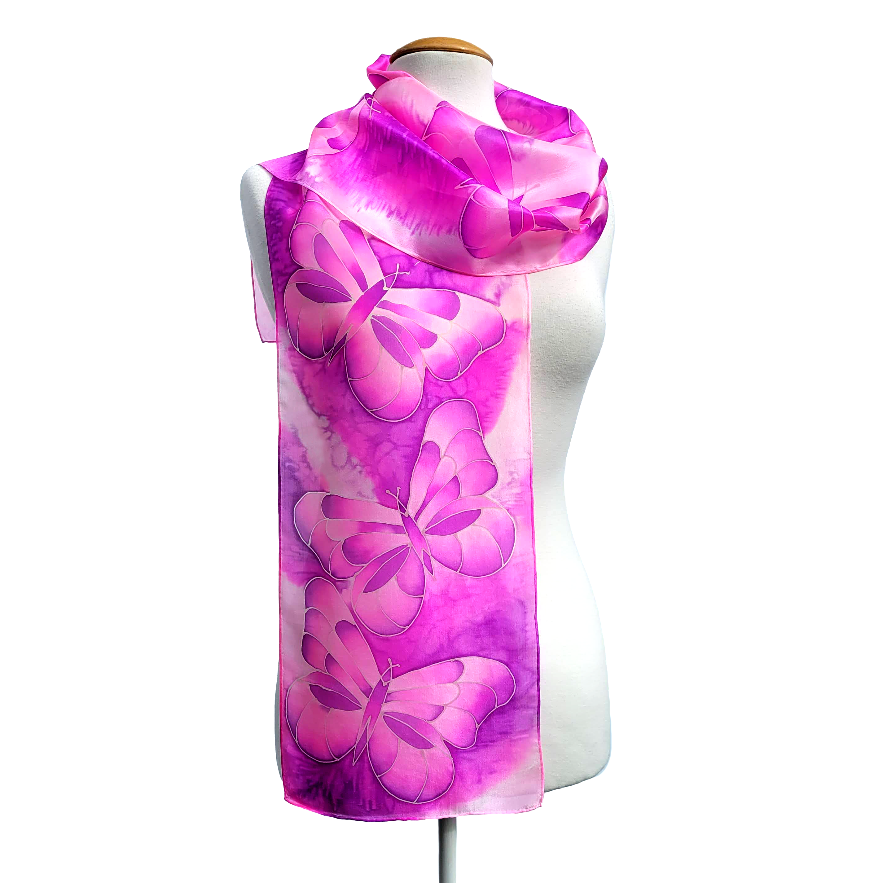 long silk scarf pink color hand painted butterfly art design handmade by Lynne Kiel