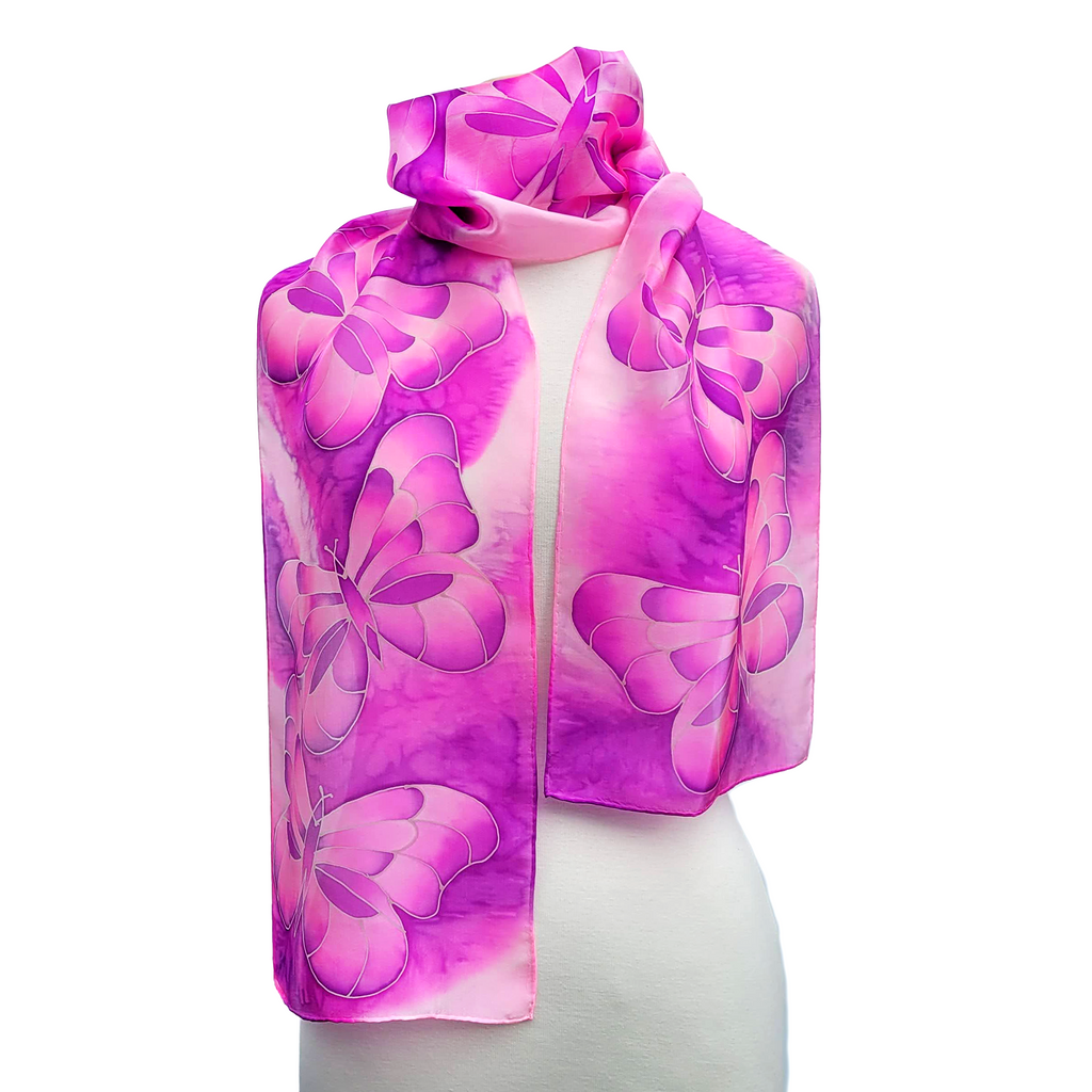 pure silk pink long scarf hand painted butterfly art design handmade by Lynne Kiel