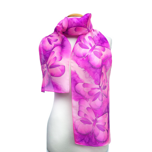 pink silk scarf butterfly art design hand painted by Lynne Kiel
