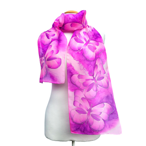 pure silk long silk scarf pink butterfly hand painted art design handmade by Lynne Kiel