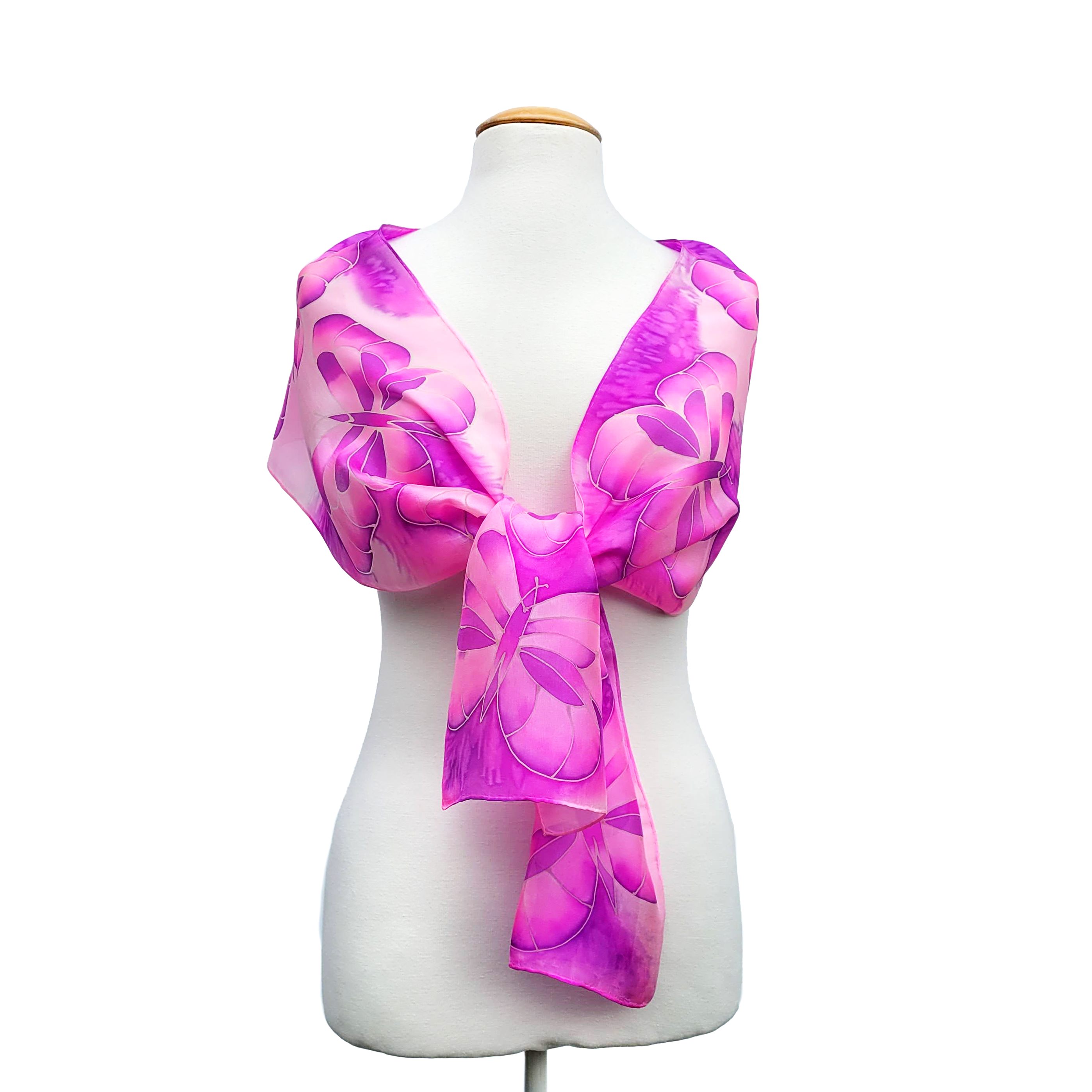 pink silk shawl long scarf hand painted butterfly design handmade by Lynne Kiel