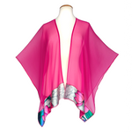 Load image into Gallery viewer, one size womens top pure silk pink shawl hand painted pink water lilly flowers handmade by Lynne Kiel made in Canada
