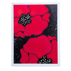 A2 SIZE HAND PAINTED PURE SILK ORIGINAL ART card  GREETING CARDS featuring a stylized poppy design with bold red petals outlined in black and textured black centers with small white dots, shown against a plain white background.