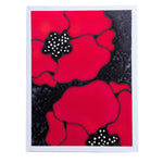 Load image into Gallery viewer, A2 SIZE HAND PAINTED PURE SILK ORIGINAL ART card  GREETING CARDS featuring a stylized poppy design with bold red petals outlined in black and textured black centers with small white dots, shown against a plain white background.

