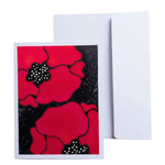 Load image into Gallery viewer, A2 SIZE HAND PAINTED PURE SILK ORIGINAL ART CARD greeting card with a bold poppy design in red and black, shown in front of a plain white envelope on a white background.
