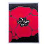 Load image into Gallery viewer, A HAND PAINTED PURE SILK ORIGINAL ART CARD GREETING  card featuring a stylized red poppy flower with a black center and dark background, shown against a plain white backdrop.
