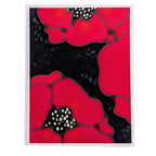 HAND PAINTED PURE SILK ORIGINAL ART GREETING CARD , featuring a modern poppy pattern in vibrant red and black with white seed details, framed by a white border.