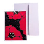 Load image into Gallery viewer, A HAND PAINTED ORIGINAL ART CARD  greeting card with a bold poppy design in red and black, shown in front of a plain white envelope on a white background.
