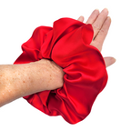 red pure silk  hair accessory scrunchie ponytail holder handmade in Canada by lynne Kiel