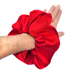 Load image into Gallery viewer, red pure silk  hair accessory scrunchie ponytail holder handmade in Canada by lynne Kiel
