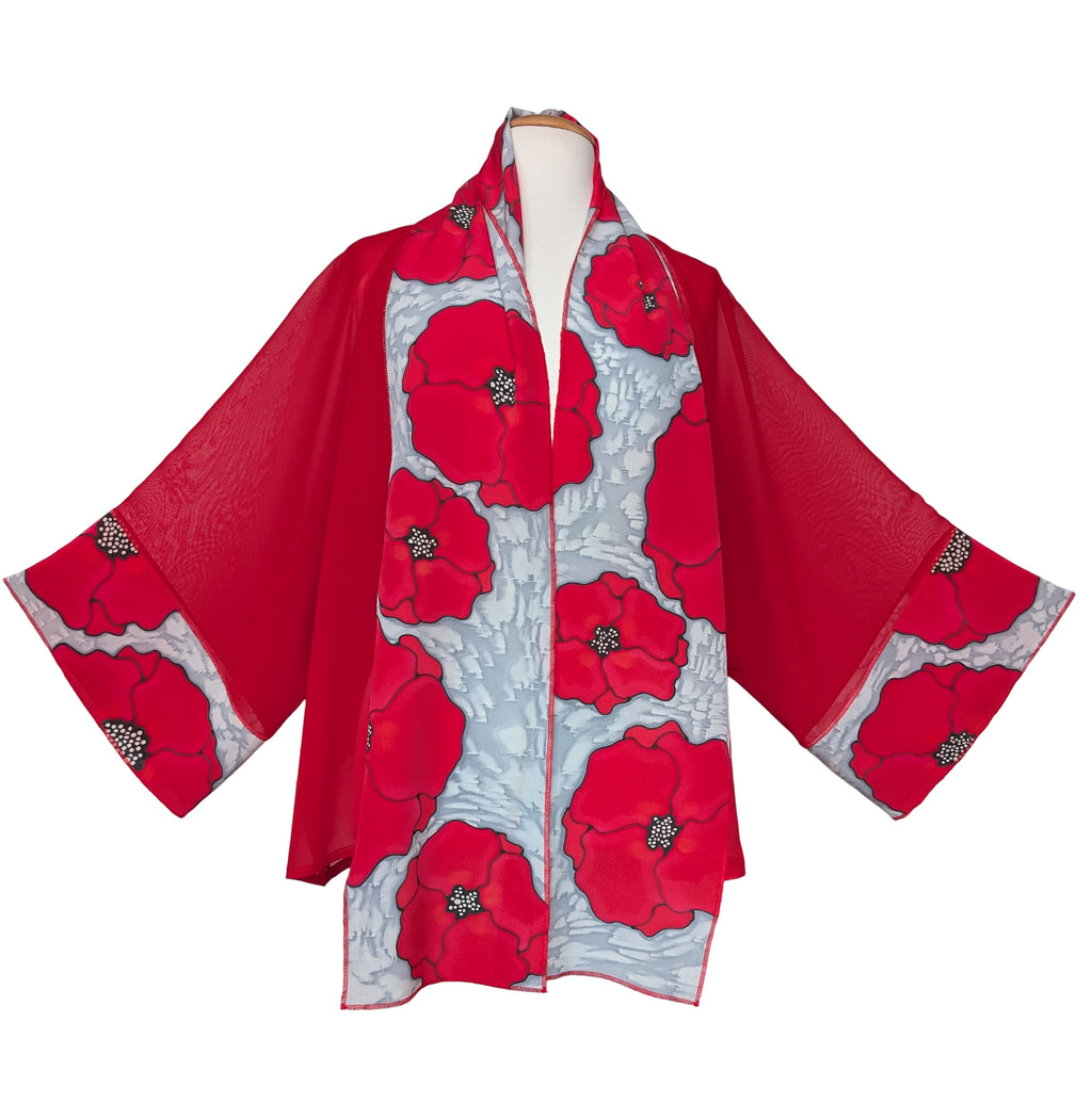 hand painted pure silk ladies red kimono poppy flower art design handmade by Lynne Kiel made in Canada