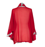 Load image into Gallery viewer, pure silk sheer red womens kimono one size hand painted poppy flower in red and silver handmade by Lynne Kiel made in Canada
