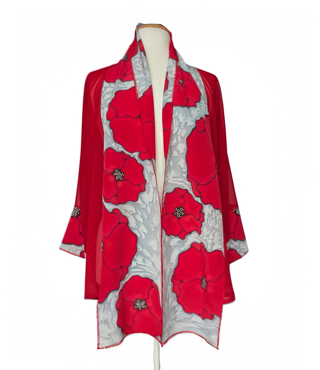 Red pure silk sheer ladies kimono hand painted red silver poppie art handmade by Lynne Kiel made in Canada