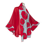 Red poppy flower hand painted art design pure silk sheer ladies kimono hand made by Lynne Kiel made in Canada