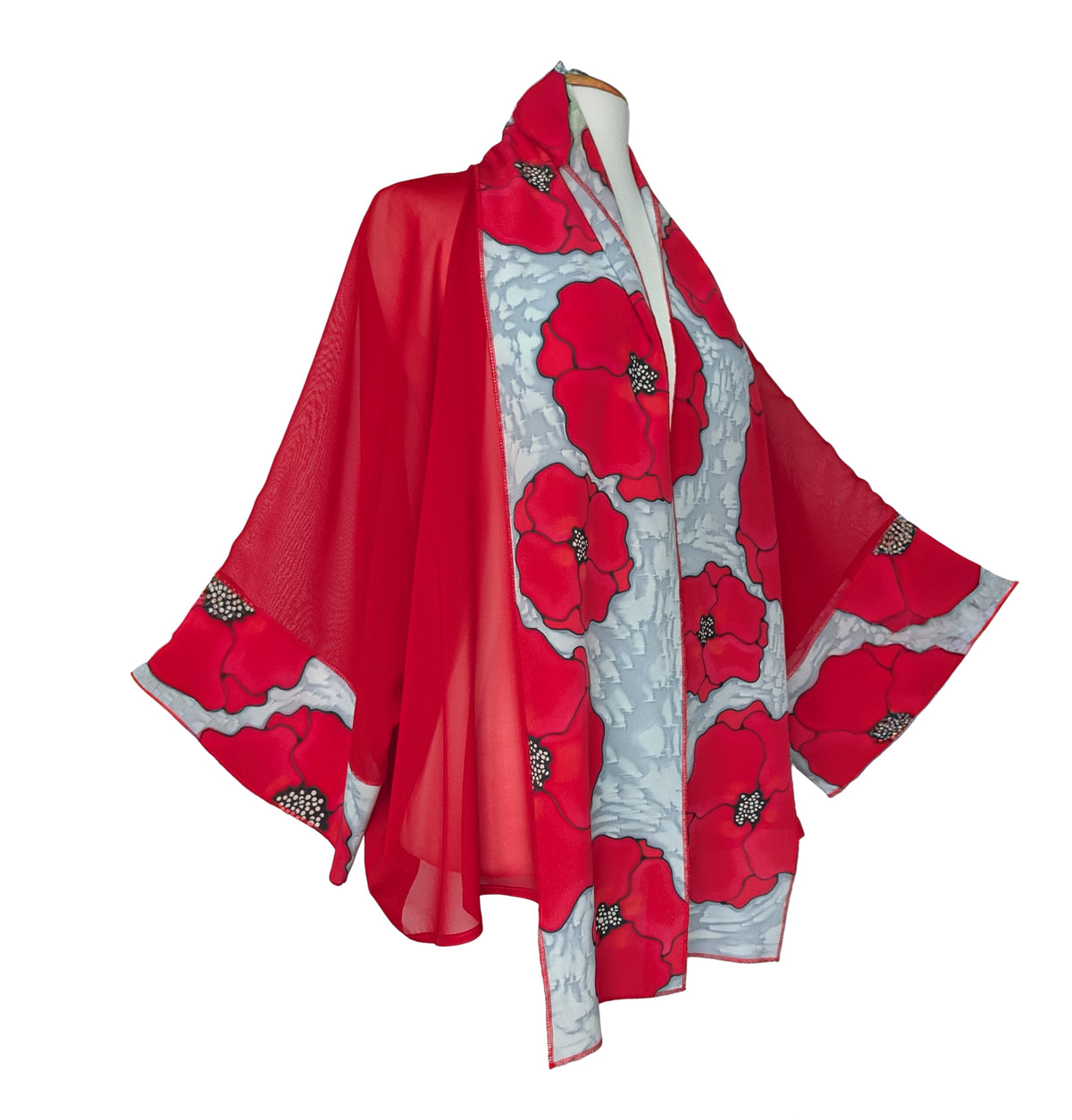 Red poppy flower hand painted art design pure silk sheer ladies kimono hand made by Lynne Kiel made in Canada