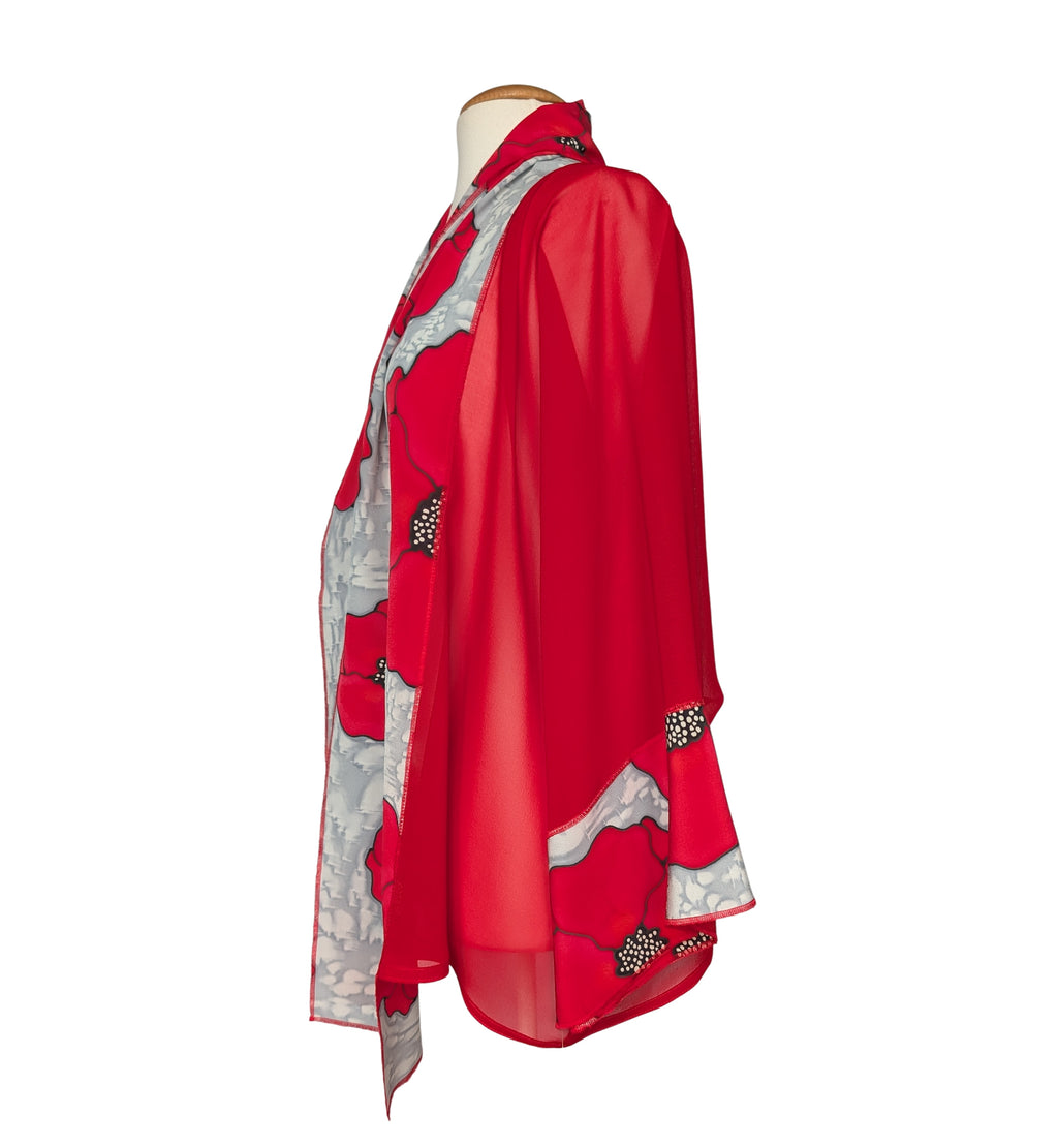 Sheer red pure silk ladies kimono one size hand painted red silver poppy flower art design handmade by Lynne Kiel made ine Canada