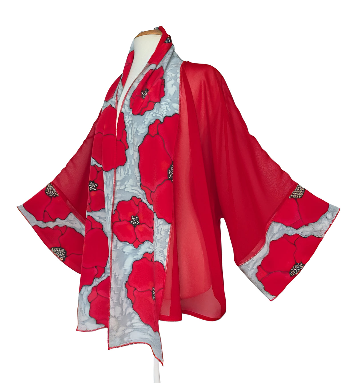 Red pure silk ladies kimono one size hand painted poppy flower art design handmade by Lynne Kiel made in Canada