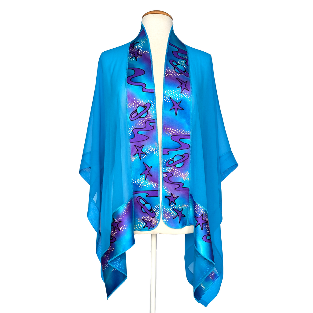 hand painted pure silk ladies shawl one size women top galaxy planets hand painted art design purple blue turquoise colors handmade by Lynne Kiel made in Canada