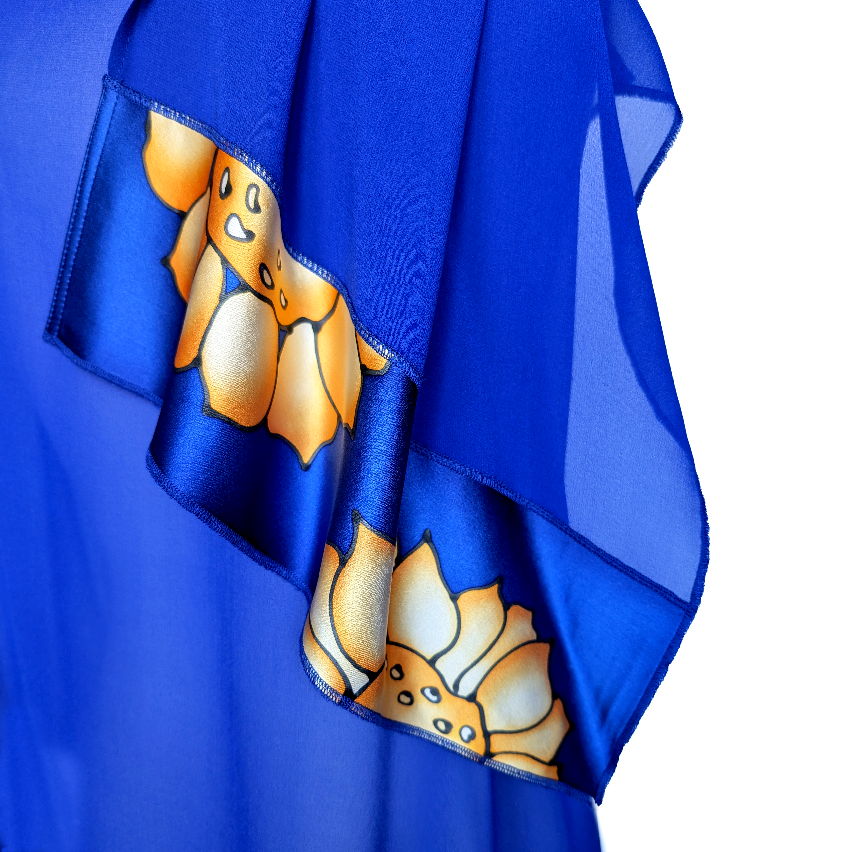 yellow sunflower art design handpainted blue sheer pure silk shawl handmade by Lynne kiel made in Canada