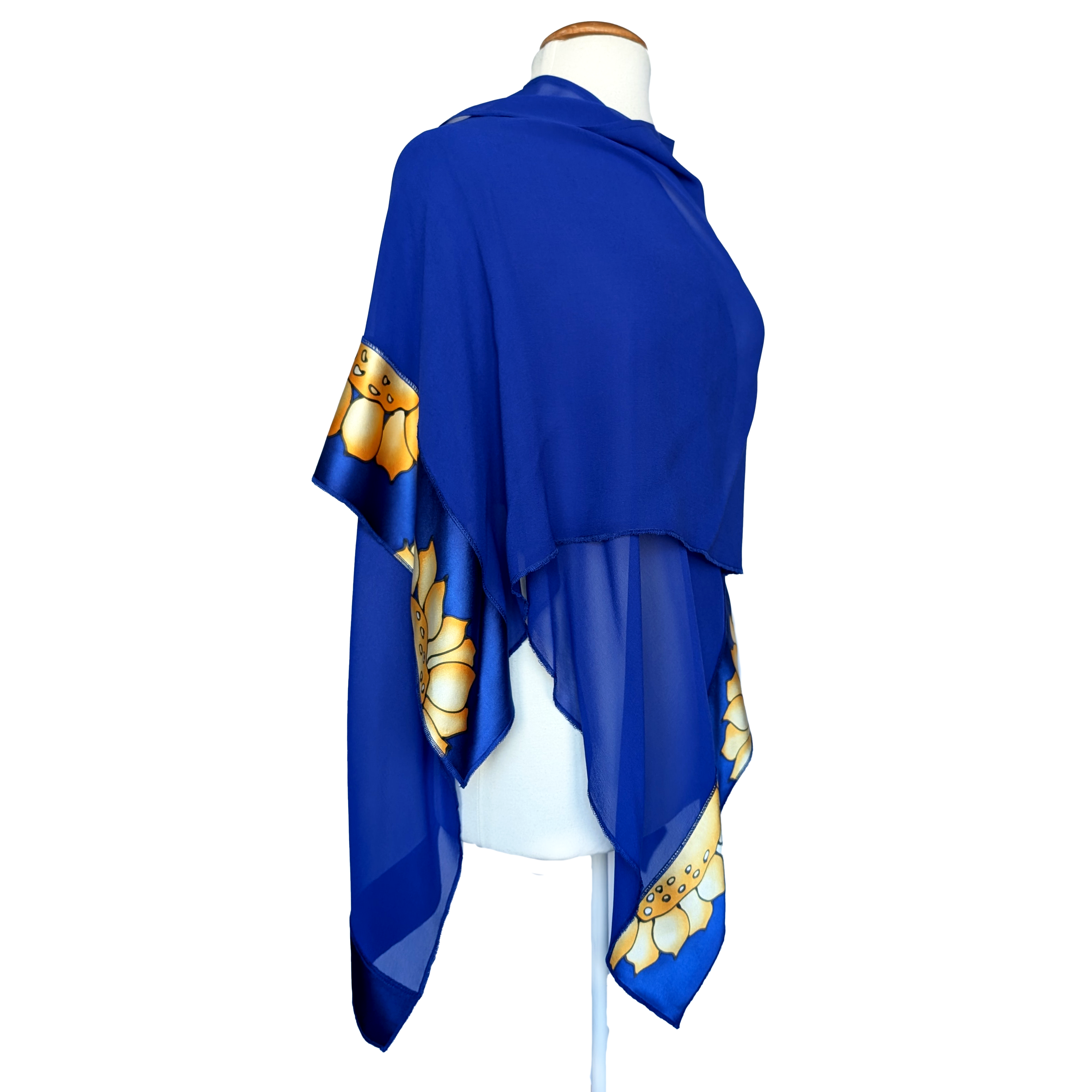 side view blue pure silk shawl one size ladies top hand painted yellow sunflower art design handmade by Lynne Kiel made in Canada