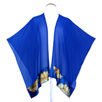 Load image into Gallery viewer, one size womens blue pure silk shawl hand painted yellow blue sunflower art design handmade by Lynne Kiel  made in Canada
