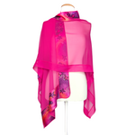 Load image into Gallery viewer, pink color sheer pure silk shawl one size ladies top hand painted galaxy planet art design pink purple color handmade by Lynne Kiel made in Canada
