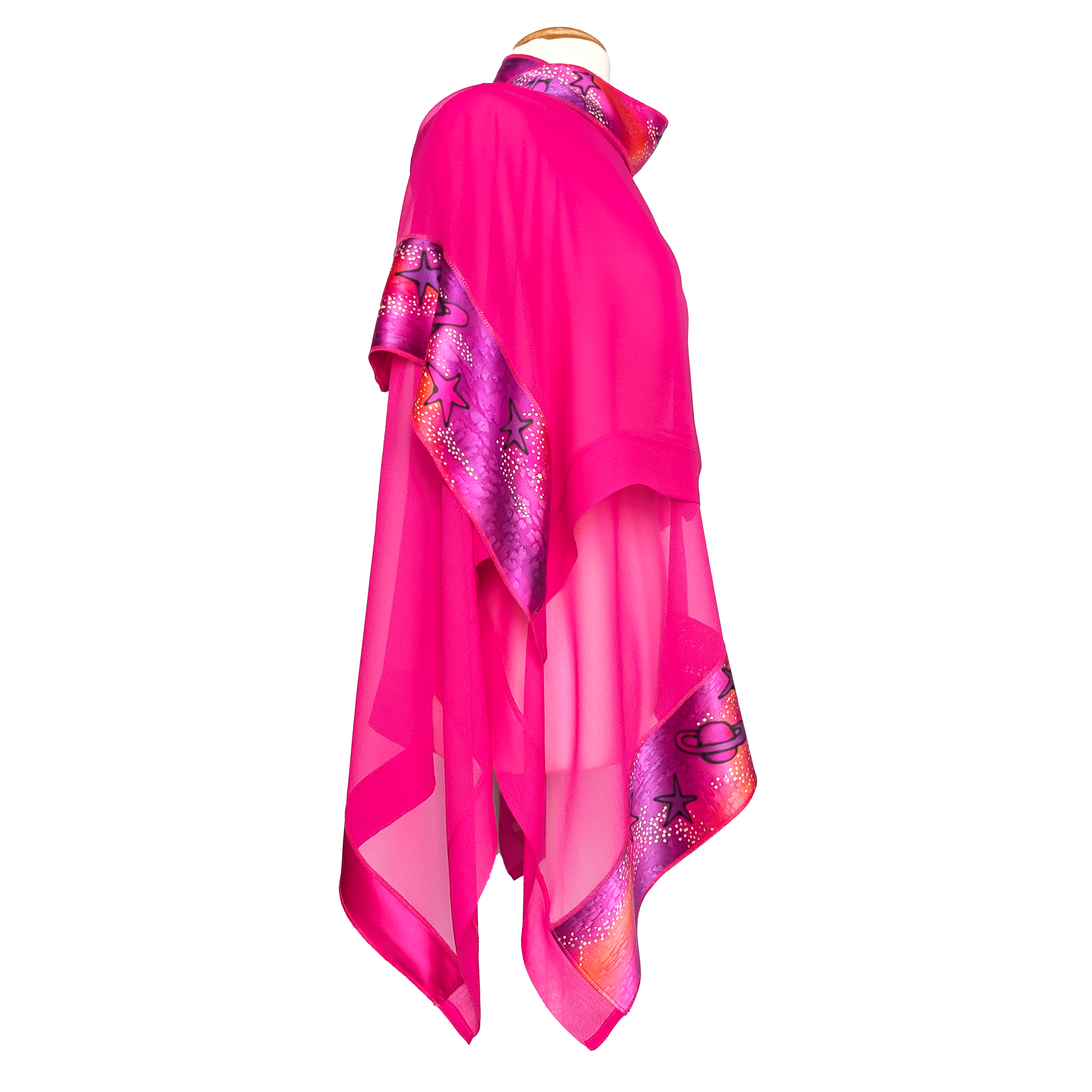 pure silk pink ladies one size shawl hand painted glalxy planets art design handmade by Lynne Kiel made in Canada