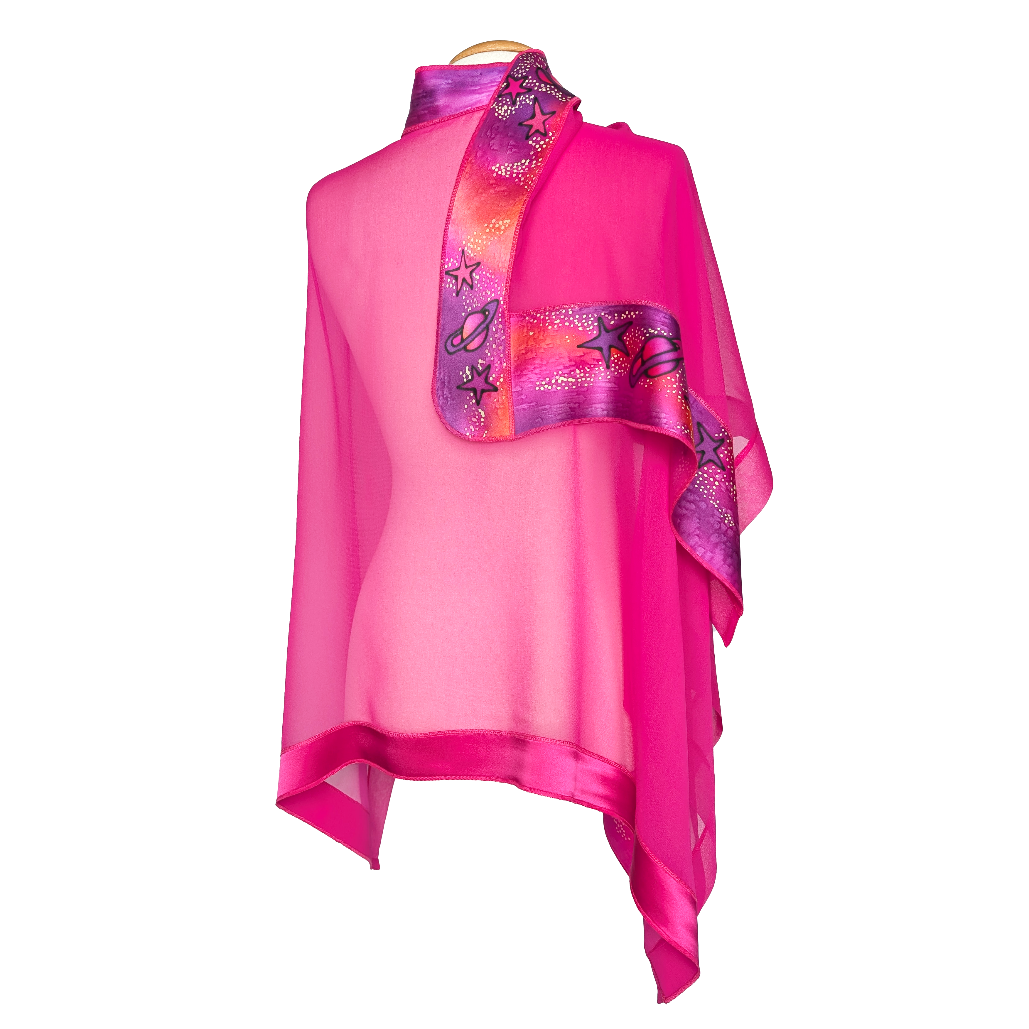 galaxy palanet art design hand painted pure silk ladies pink shawl one size handmade by Lynne Kiel made in Canada