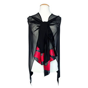 pure silk sheer black ladies shawl handpainte red poppy flowers black color handmade by Lynne Kiel made in Canada