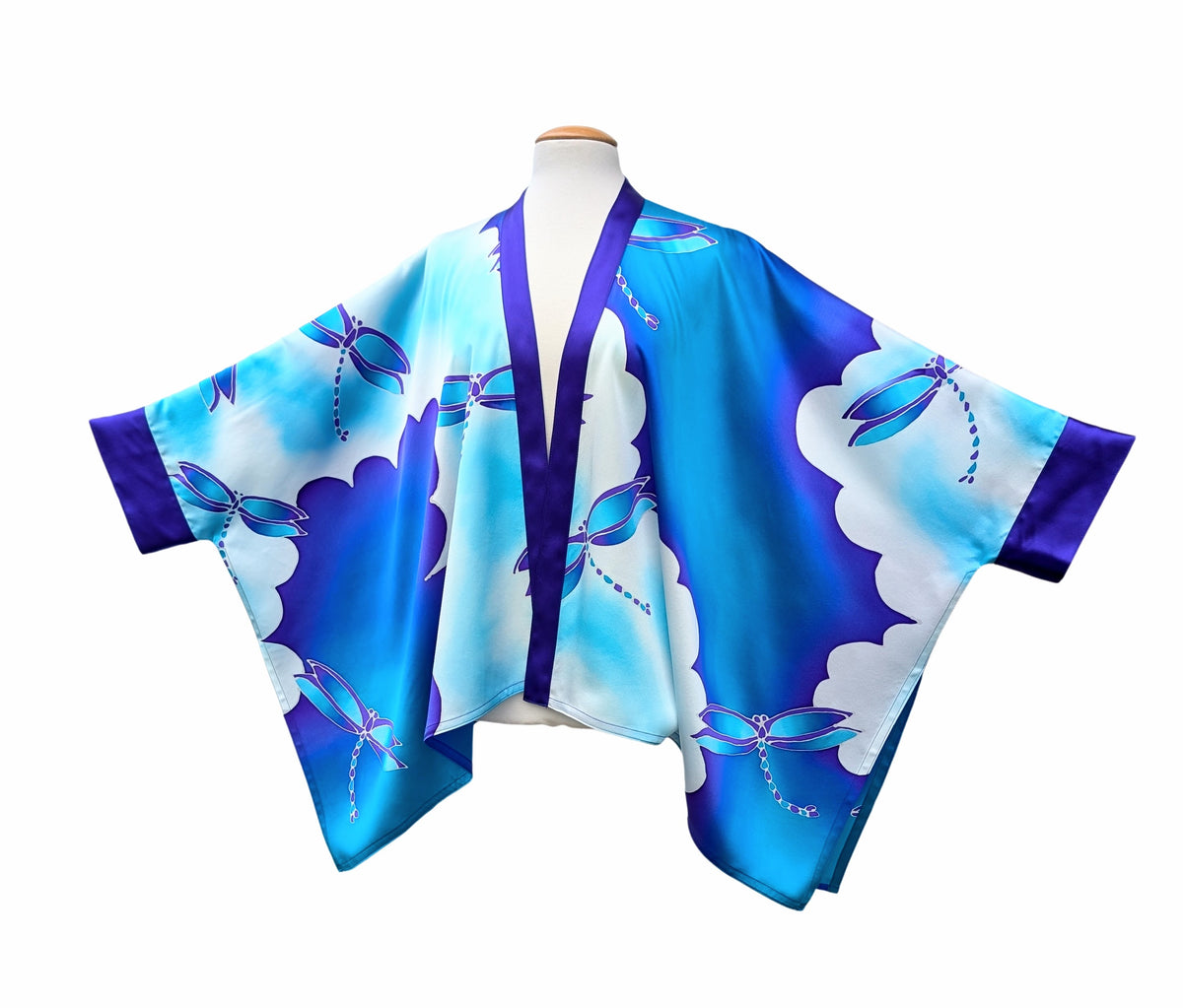 Pure silk hand painted dragonfly Kimono Top one size purple blue turquoise white lond sleeve handmade in Canada by Lynne Kiel