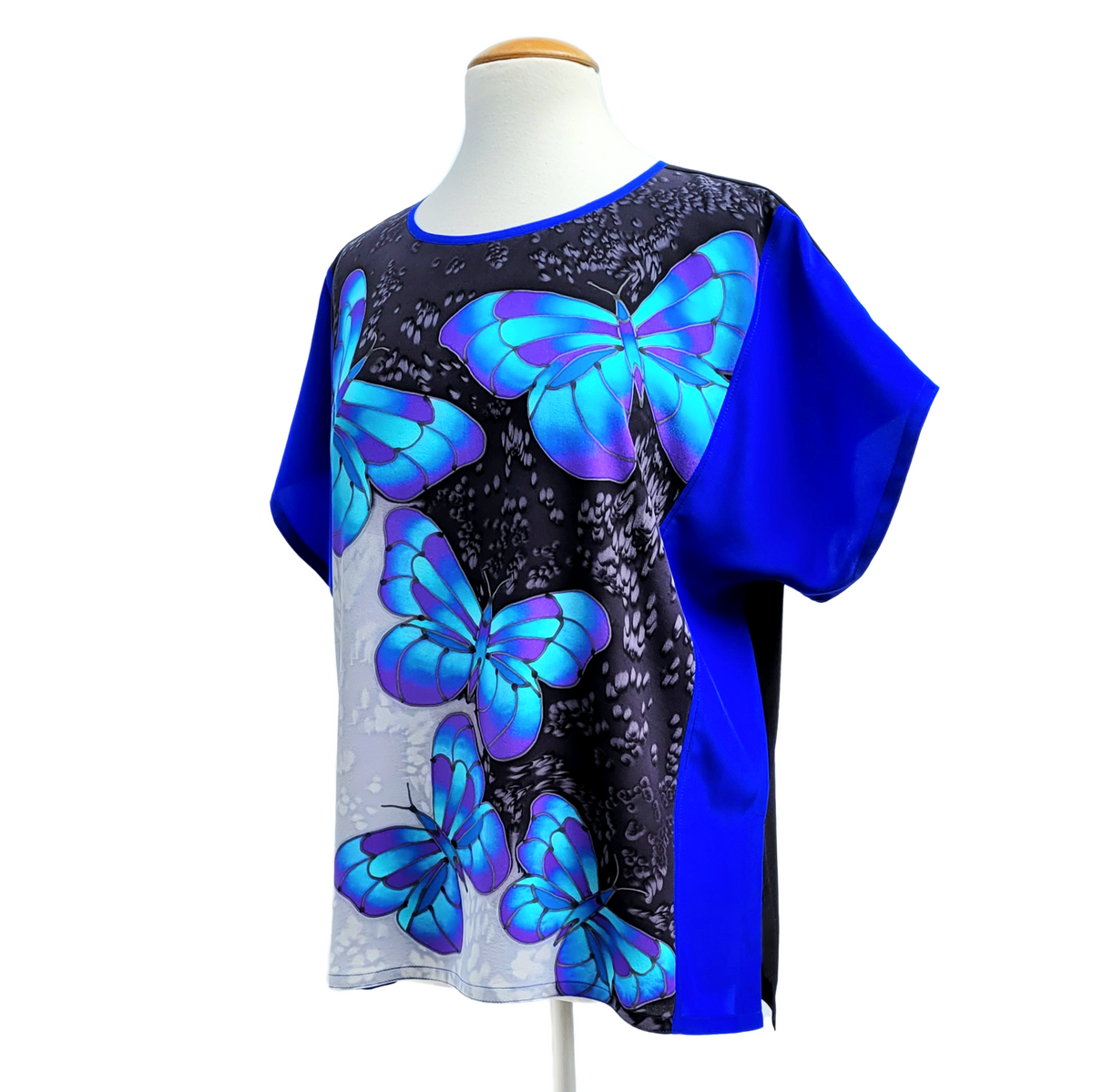 BLUE BUTTERFLIES Hand Painted Silk Luxurious T-TOP Soft Loose Fitting