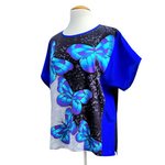 Load image into Gallery viewer, BLUE BUTTERFLIES Hand Painted Silk Luxurious T-TOP Soft Loose Fitting
