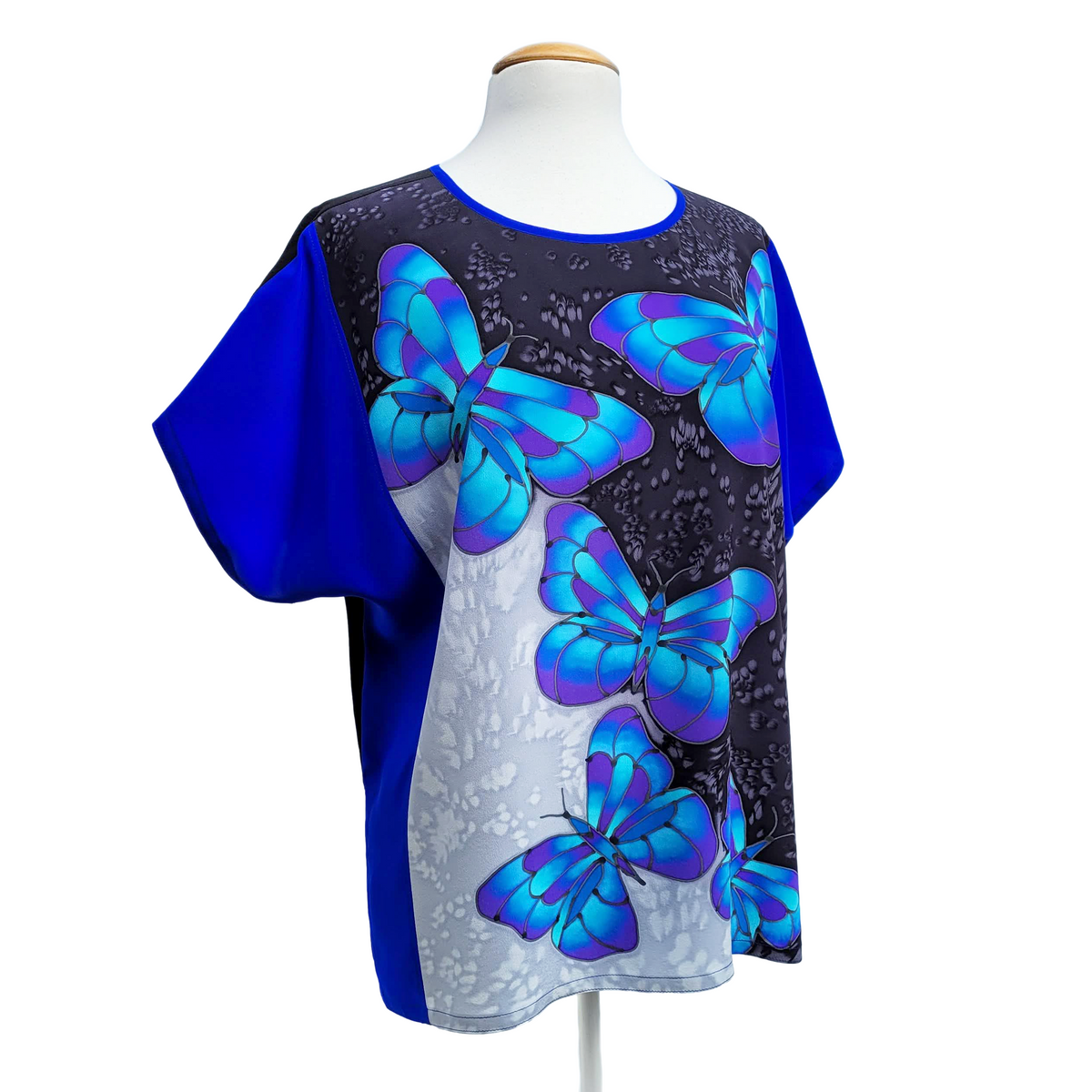 BLUE BUTTERFLIES Hand Painted Silk Luxurious T-TOP Soft Loose Fitting