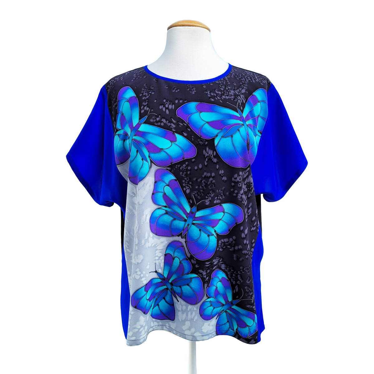 BLUE BUTTERFLIES Hand Painted Silk Luxurious T-TOP Soft Loose Fitting