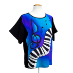 Load image into Gallery viewer, hand painted pure silk ladies top piano treble clef art design in blue black color handmade by Lynne Kiel
