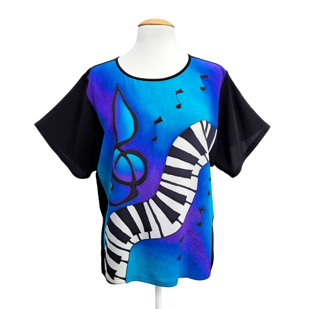 piano music hand painted pure silk art top handmade in Canada by Lynne Kiel