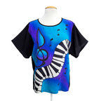 piano music hand painted pure silk art top handmade in Canada by Lynne Kiel