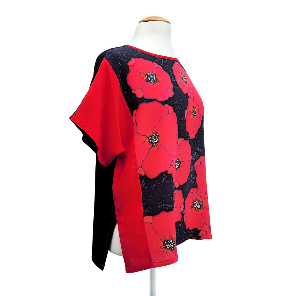 RED POPPIES ART TOP Hand Painted Pure Silk Loose Fitting
