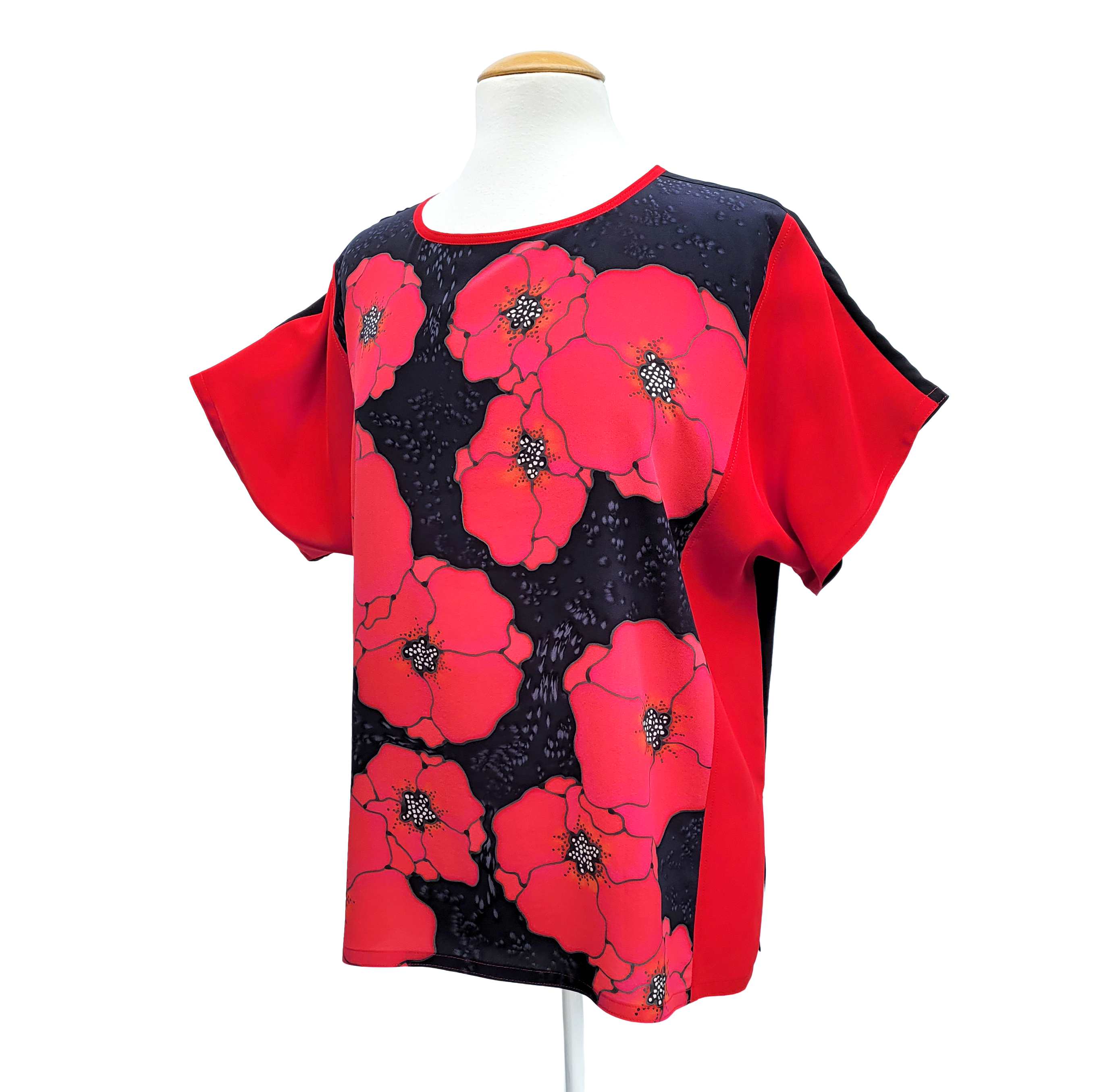 RED POPPIES ART TOP Hand Painted Pure Silk Loose Fitting