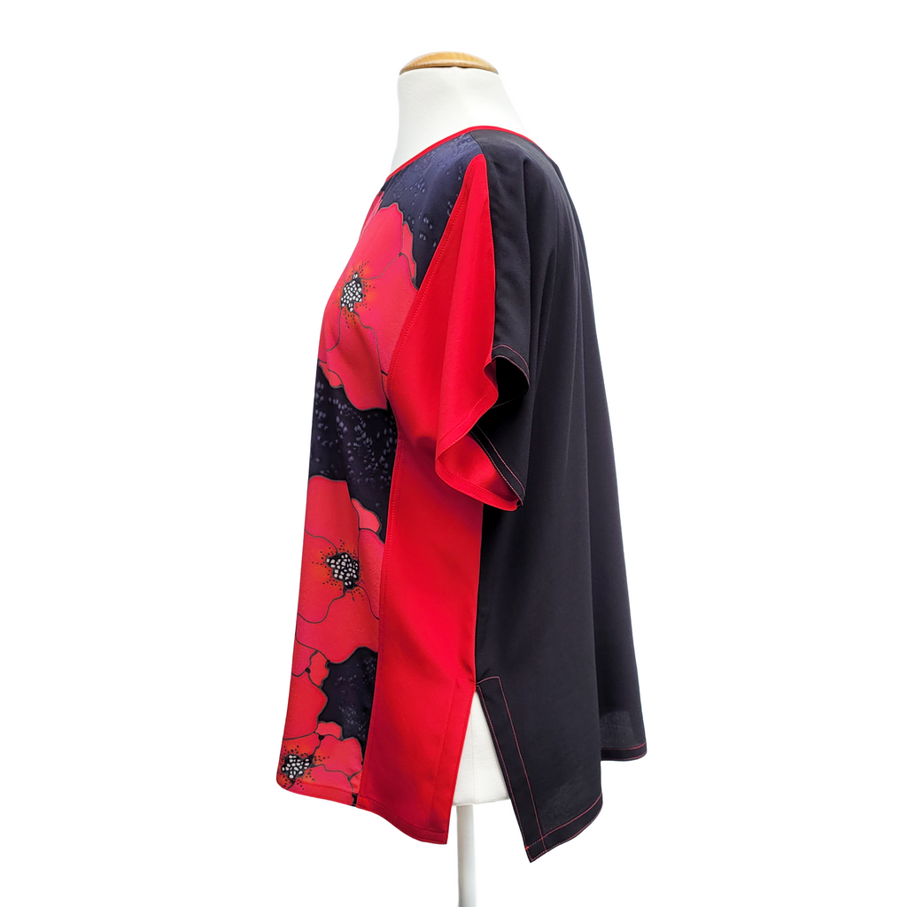 RED POPPIES ART TOP Hand Painted Pure Silk Loose Fitting