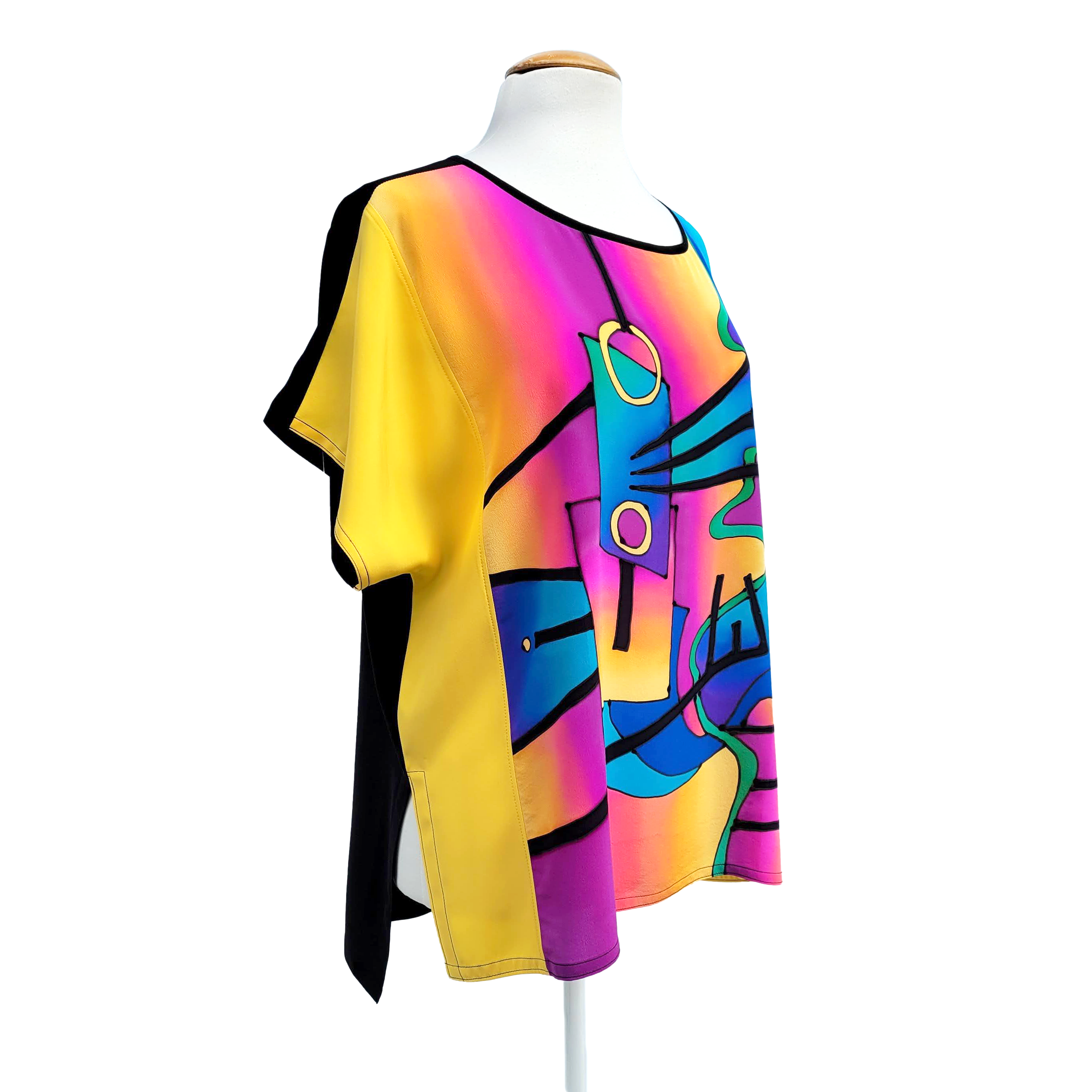 MODERN ART Colorful Yellow Abstract Painted Silk T-Top Soft Loose Fit