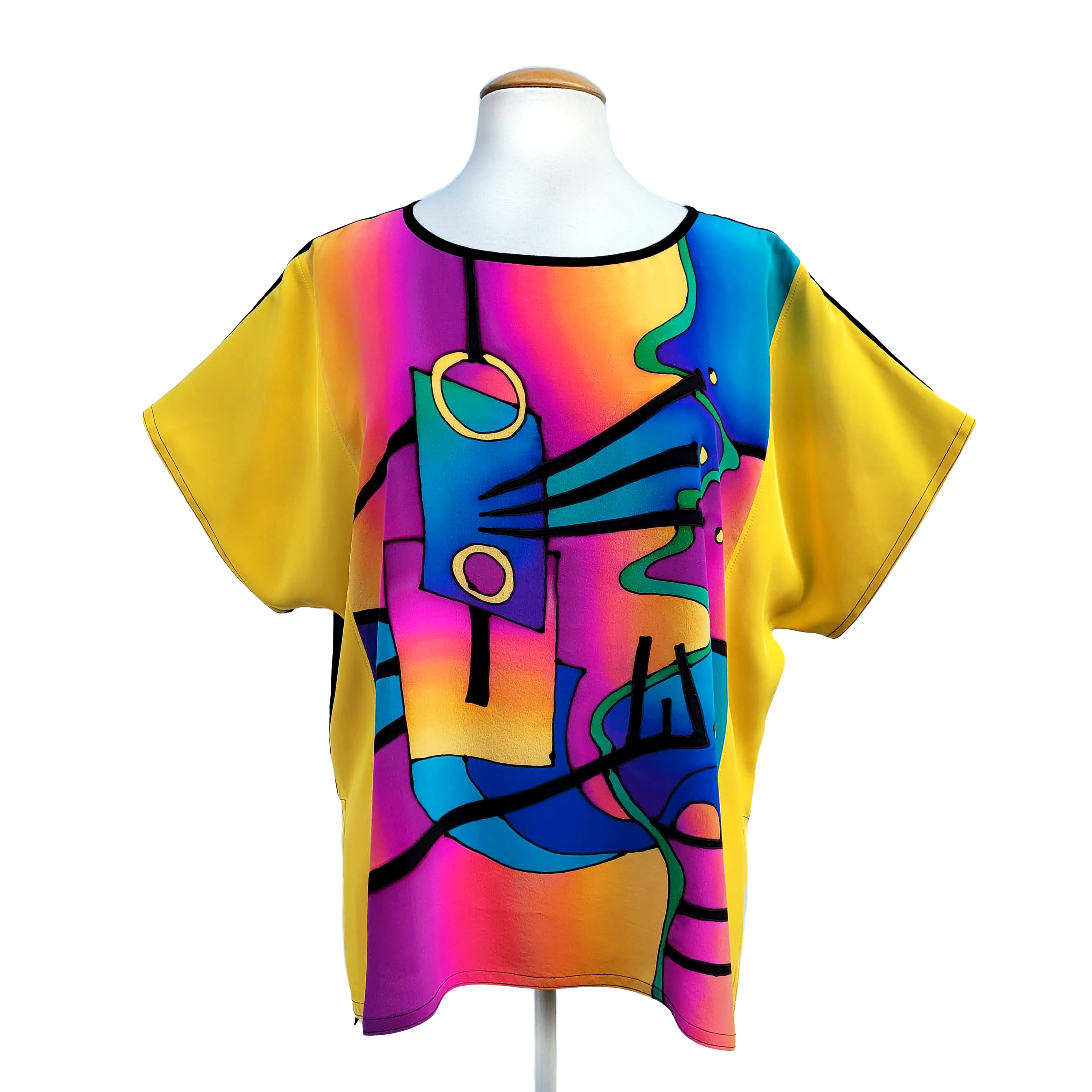 MODERN ART Colorful Yellow Abstract Painted Silk T-Top Soft Loose Fit