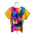 MODERN ART Colorful Yellow Abstract Painted Silk T-Top Soft Loose Fit