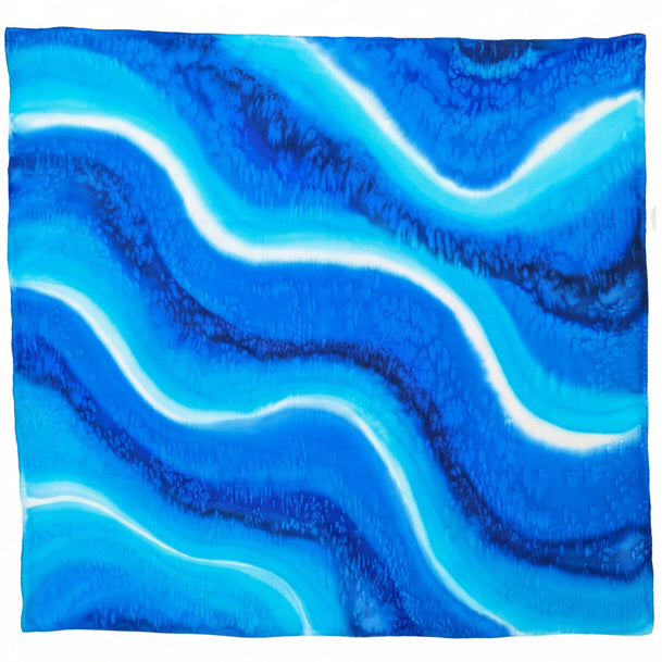 tie dye hand painted pure silk square blue turquoise white navy color handmade by Lynne Kiel made in Canada